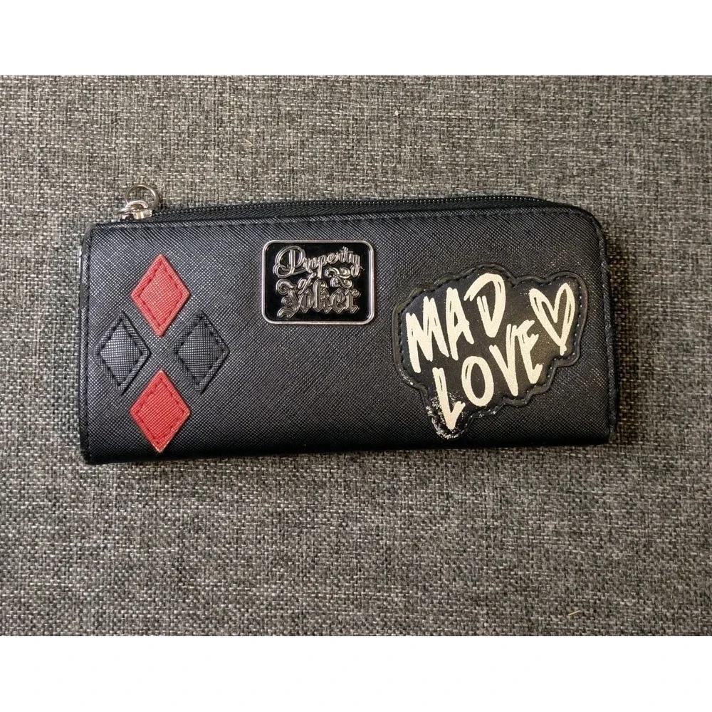 Harley Quinn Zip-Around Wallet Red Black Diamond Pattern Mad Love Joker Leather